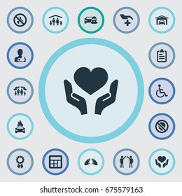 Vector Illustration Set Of Simple Warrant Icons. Elements Handicapped, Vehicle Assurance, Medal Synonyms Care, Ignition And Roof.