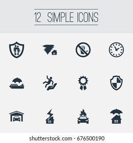 Vector Illustration Set Of Simple Warrant Icons. Elements Prohibited, Advocacy, Family Insurance And Other Synonyms Round, Hurricane And Office.