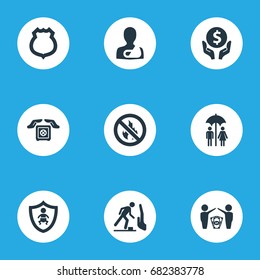 Vector Illustration Set Of Simple Warrant Icons. Elements Protect Currency, Kid, Stumbling Warning And Other Synonyms Kid, Palm And Hand.