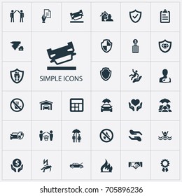 Vector Illustration Set Of Simple Warrant Icons. Elements Questionaire, Accounting, Shield And Other Synonyms Couple, Wreck And Hurricane.