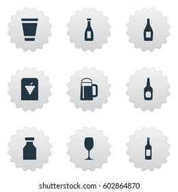 Vector Illustration Set Of Simple Water Icons. Elements Pub, Whiskey, Liquor And Other Synonyms Glassware, Cup And Grape.