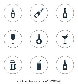 Vector Illustration Set Of Simple Water Icons. Elements Wine, Beer, Glassware And Other Synonyms Pint, Coffee And Alcohol.