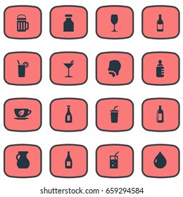Vector Illustration Set Of Simple Water Icons. Elements Beer, Cocktail, Infant Nutrition And Other Synonyms Plastic, Breakfast And Water.