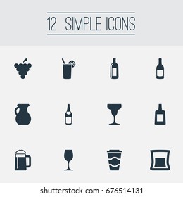 Vector Illustration Set Of Simple Water Icons. Elements Wineglass, Cognac, Champagne And Other Synonyms Cocktail, Take And Liquor.