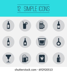Vector Illustration Set Of Simple Water Icons. Elements Vine, Cognac, Martini And Other Synonyms Cognac, Vine And Pint.