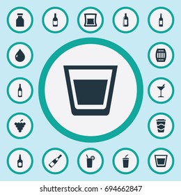 Vector Illustration Set Of Simple Water Icons. Elements Wine, Cardboard Container, Liquor And Other Synonyms Flask, Liquid And Beverage.
