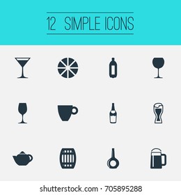 Vector Illustration Set Of Simple Water Icons. Elements Cosmopolitan, Lime, Fizzy And Other Synonyms Barrel, Teakettle And Citrus.