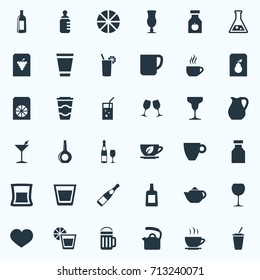 Vector Illustration Set Of Simple Water Icons. Elements Latte, Glass, Teakettle And Other Synonyms Draught, Grape And Breakfast.
