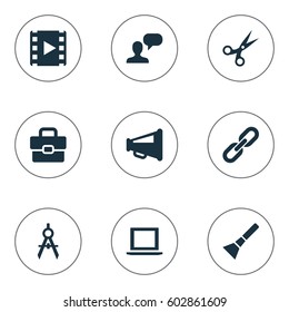 Vector Illustration Set Of Simple Web Icons. Elements Movie, Cut, Hand Lantern Synonyms Scissors, Project And Tool.