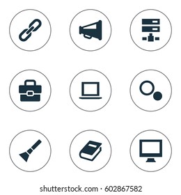 Vector Illustration Set Of Simple Web Icons. Elements Hand Lantern, Display, Briefcase Synonyms Bullhorn, Book And Tools.
