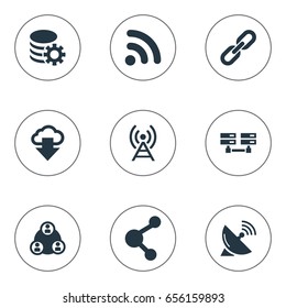 Vector Illustration Set Of Simple Web Icons. Elements Antenna, Chain, Processing And Other Synonyms Network, Molecule And Server.