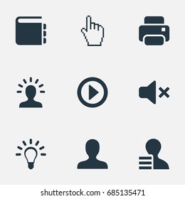 Vector Illustration Set Of Simple Web Icons. Elements Creativity, Pointer, Profile And Other Synonyms Innovation, Analyst And Silence.