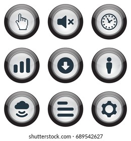 Vector Illustration Set Of Simple Web Icons. Elements Silence, Upload, Settings And Other Synonyms Select, Cloud And Customer.