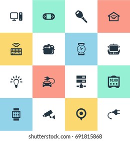 Vector Illustration Set Of Simple Web Icons. Elements Keypad, Bulb, Wireless Connection And Other Synonyms Camera, Server And Keypad.