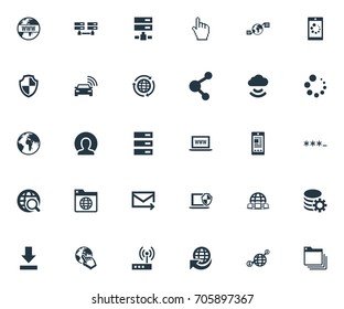 Vector Illustration Set Of Simple Web Icons. Elements Nucleus, Processing, Browser Tab And Other Synonyms Click, Password And Communication.