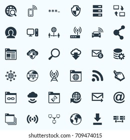 Vector Illustration Set Of Simple Web Icons. Elements Publish, Link, Processing And Other Synonyms Planet, Protected And Spreading.