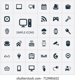 Vector Illustration Set Of Simple Web Icons. Elements Pin, Clock, Tv Adjusting And Other Synonyms Control, Computer And Multimedia.