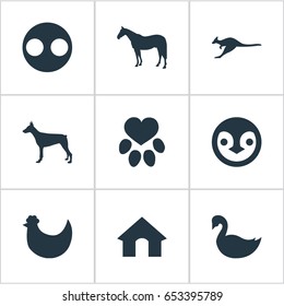 Vector Illustration Set Of Simple Wild Icons. Elements Wallaby, Footprint, Stallion And Other Synonyms Swan, Chicken And Dog.