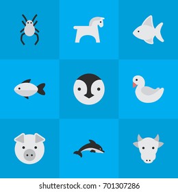 Vector Illustration Set Of Simple Wild Icons. Elements Flightless Bird, Fish, Tarantula And Other Synonyms Swine, Cow And Penguin.