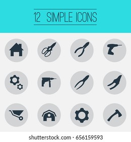 Vector Illustration Set Of Simple Work Icons. Elements Drill, Clippers, Cart And Other Synonyms Repair, Hatchet And Detail.