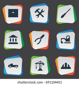 Vector Illustration Set Of Simple Work Icons. Elements Hoisting Machine, Academy, Workshop And Other Synonyms Screwdriver, Property And Headwear.