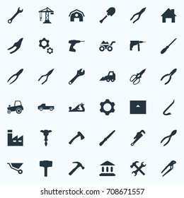 Vector Illustration Set Of Simple Work Icons. Elements House, Automatic Screwdriver, Clippers And Other Synonyms Spanner, Hand And Pliers.