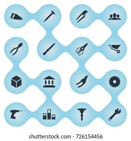 Vector Illustration Set Of Simple Work Icons. Elements Parcel, Statistics, Clippers And Other Synonyms Cutters, Columns And Fretsaw.