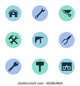 Vector Illustration Set Of Simple Wrench Icons. Elements Spanner, Carpentry Equipment, Workshop And Other Synonyms Hangar, Screwdriver And Electric.