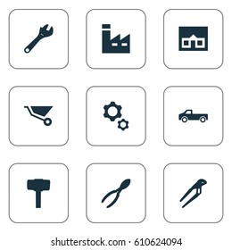Vector Illustration Set Of Simple Wrench Icons. Elements Construction, Cart, Home And Other Synonyms Instrument, Trolley And Cutters.