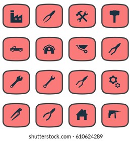 Vector Illustration Set Of Simple Wrench Icons. Elements Nippers, Adjustable Wrench, Electric Screwdriver And Other Synonyms Manufacture, Gears And Screwdriver.