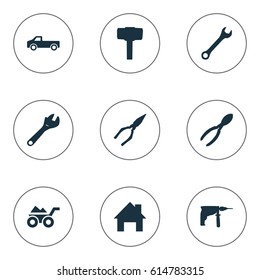 Vector Illustration Set Of Simple Wrench Icons. Elements Loaded Trolley, Pliers, Cutters And Other Synonyms Wrench, Transportation And Home.