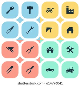 Vector Illustration Set Of Simple Wrench Icons. Elements Transportation, Carpentry Equipment, Loaded Trolley And Other Synonyms Tool, Factory And Mechanical.