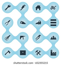 Vector Illustration Set Of Simple Wrench Icons. Elements Workshop, Handsaw, Mechanic Key Synonyms Repair, Hacksaw And Adjustable.