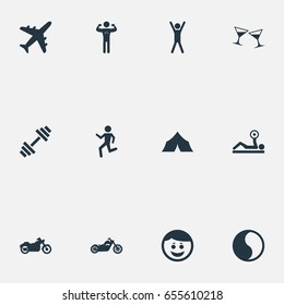 Vector Illustration Set Of Simple Yoga Icons. Elements Ballance, Camping, Powerlifting And Other Synonyms Motorbike, Alcohol And Happy.