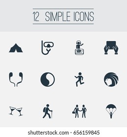 Vector Illustration Set Of Simple Yoga Icons. Elements Ballance, Night Club, Backpacker And Other Synonyms Waking, Climbing And Tablet.