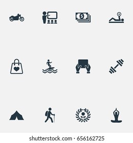 Vector Illustration Set Of Simple Yoga Icons. Elements Backpacker, Meditation, Victory And Other Synonyms Tourist, Retail And Holding.