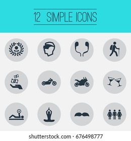 Vector Illustration Set Of Simple Yoga Icons. Elements Prosperity, Meditation, Entertainment And Other Synonyms Headset, Leisure And Falling.