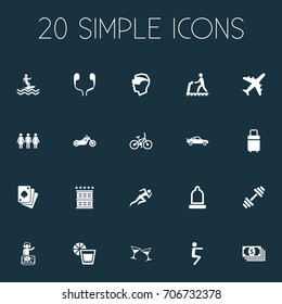 Vector Illustration Set Of Simple Yoga Icons. Elements Vintage Automobile, Weightlifting, Celebration And Other Synonyms Helmet, Baby And Motorbike.