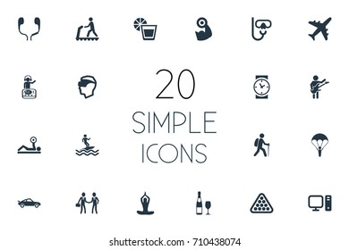 Vector Illustration Set Of Simple Yoga Icons. Elements Powerlifting, Musician, Juice And Other Synonyms Guitar, Handshake And Reality.