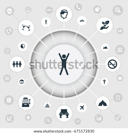 Vector Illustration Set Of Simple Yoga Icons. Elements Distance Learning, Cyberspace, Ecological Business And Other Synonyms Snooker, Tobaco And Machine.