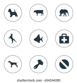 Vector Illustration Set Of Simple Zoo Icons. Elements Ocean Fish, First Aid, Hippodrome And Other Synonyms Brush, Elephant And Comb.
