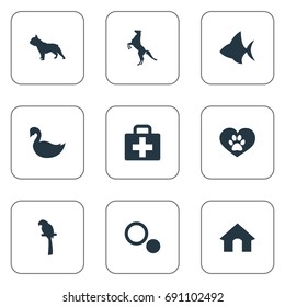 Vector Illustration Set Of Simple Zoo Icons. Elements Doghouse, Wildlife, English Purebred And Other Synonyms Bird, Bulldog And Seafood.