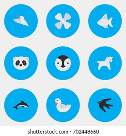 Vector Illustration Set Of Simple Zoo Icons. Elements Crane, Fish, Bear And Other Synonyms Bird, Flightless And Sparrow.