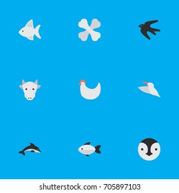 Vector Illustration Set Of Simple Zoo Icons. Elements Crane, Skeleton, Cock And Other Synonyms Milk, Seafood And Dolphin.