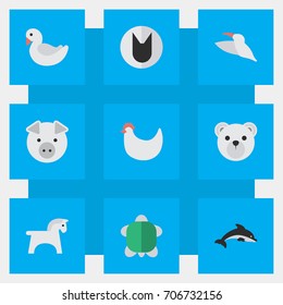 Vector Illustration Set Of Simple Zoo Icons. Elements Piggy, Swan, Tomcat And Other Synonyms Rooster, Cock And Cat.