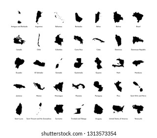 Vector illustration set with simplified maps of all South, North and Cental American states (countries). Black silhouettes, white background. Alphabet order