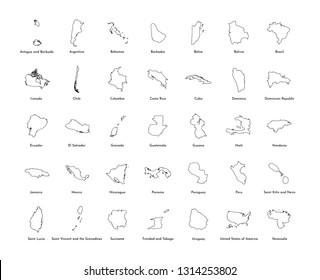 Vector illustration set with simplified maps of all South, North and American states (countries). Black line silhouettes, white background. Alphabet order