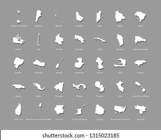 Vector illustration set with simplified maps of all South, North and Cental American states (countries). White silhouettes, grey background. Alphabet order