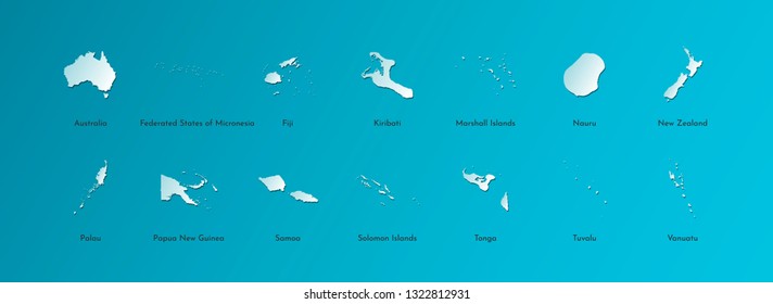 Vector illustration set with simplified maps of all Oceania states (countries: Australia, Micronesia, Fiji, Marshall islands and others). Blue silhouettes, dark blue background. Alphabet order