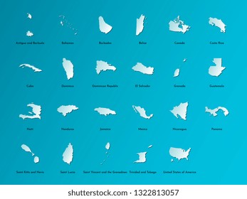 Vector illustration set with simplified maps of all North America states (countries: USA, Mexico, Bahamas, Canada, Costa Rica, Cuba and others). Blue silhouettes, dark blue background. Alphabet order